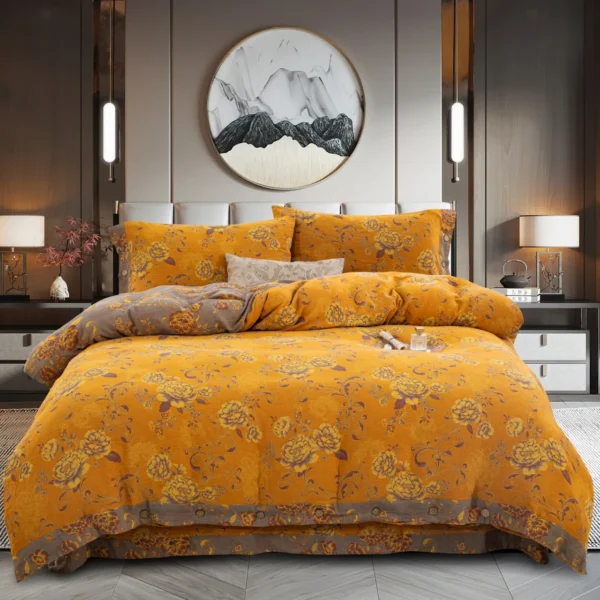 Reversible Double Gauze Cotton Bedding Set, Class A No Fluorescent, Button Closure 4-Piece Bed Sheet Set