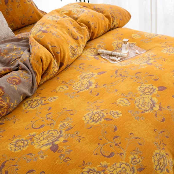 Reversible Double Gauze Cotton Bedding Set, Class A No Fluorescent, Button Closure 4-Piece Bed Sheet Set