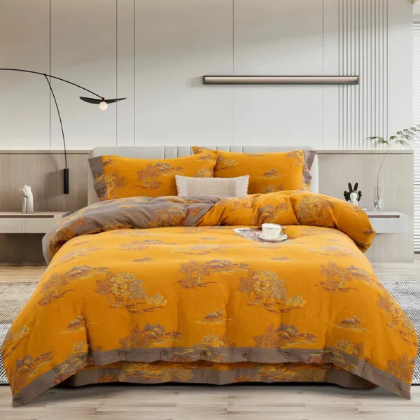 Reversible Double Gauze Cotton Bedding Set, Class A No Fluorescent, Button Closure 4-Piece Bed Sheet Set