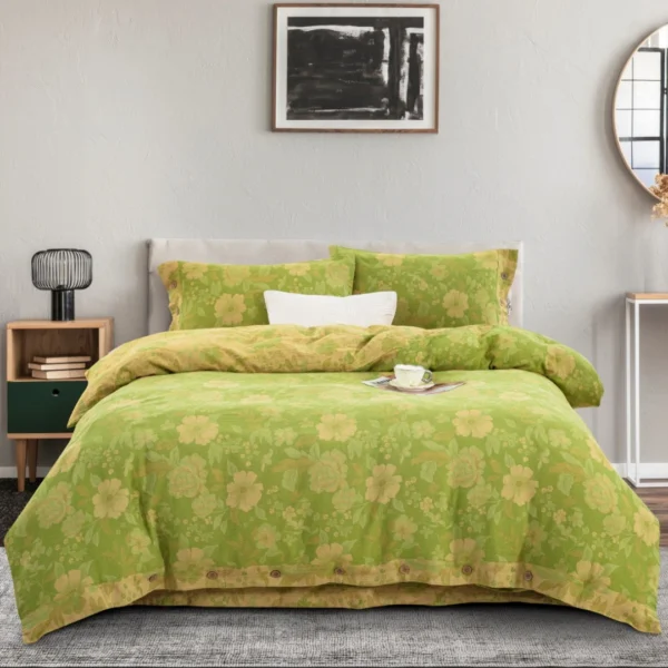 Reversible Double Gauze Cotton Bedding Set, Class A No Fluorescent, Button Closure 4-Piece Bed Sheet Set