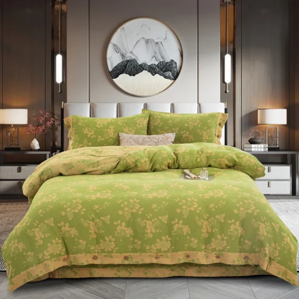 Reversible Double Gauze Cotton Bedding Set, Class A No Fluorescent, Button Closure 4-Piece Bed Sheet Set