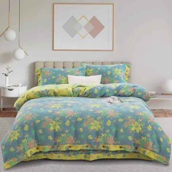 Reversible Double Gauze Cotton Bedding Set, Class A No Fluorescent, Button Closure 4-Piece Bed Sheet Set
