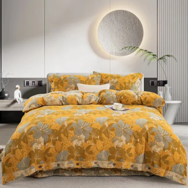 Reversible Double Gauze Cotton Bedding Set, Class A No Fluorescent, Button Closure 4-Piece Bed Sheet Set