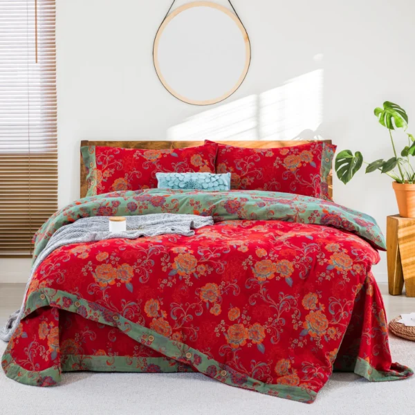 All Season 100% Cotton Double Gauze 4 Piece Bedding Set, A Class Safe Reversible Floral Quilt Cover for King Queen Bed