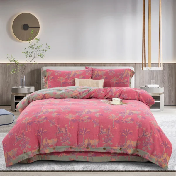 100% Cotton Double Layer Muslin Bedding Set, A-Class Baby Safe 4 Pieces Duvet Cover Sheet Pillowcases, Soft Breathable All Season Bed Linen