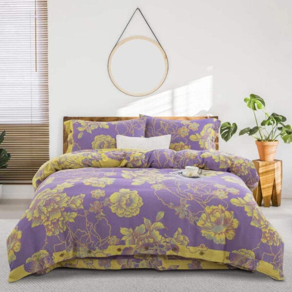 Baby Friendly Safe Cotton Double Gauze Four-Piece Bed Set, Dual-Sided Jacquard Yarn Dyed Fabric, A Standard No Fluorescent with Button Closure