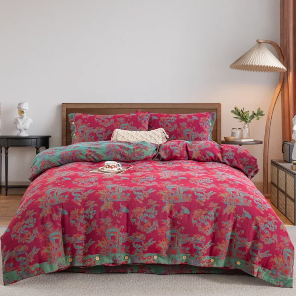 100% Cotton Double Gauze Four‑Piece Bedding Set, A‑Class Safe Yarn‑Dyed Jacquard Reversible Floral Duvet Cover Set