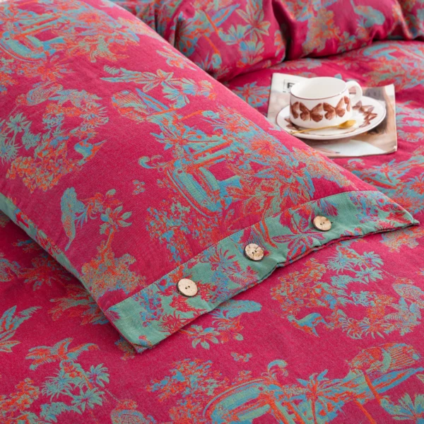 115 100% Cotton Double Gauze Four‑Piece Bedding Set, A‑Class Safe Yarn‑Dyed Jacquard Reversible Floral Duvet Cover Set