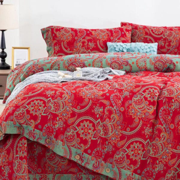 Yarn-Dyed Jacquard All-Cotton Double Gauze 4-Piece Bedding Kit, Dual-Side Usable A-Class Zero Fluorescence Bed Linens with Button Opening