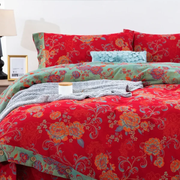 All Season 100% Cotton Double Gauze 4 Piece Bedding Set, A Class Safe Reversible Floral Quilt Cover for King Queen Bed