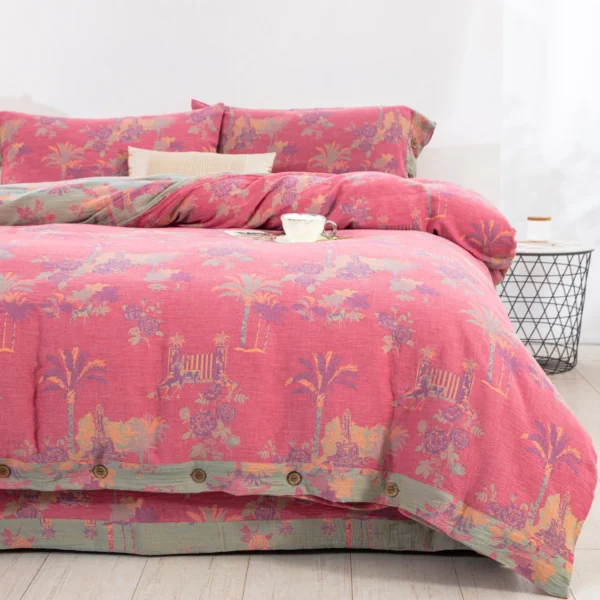 2 100% Cotton Double Layer Muslin Bedding Set, A-Class Baby Safe 4 Pieces Duvet Cover Sheet Pillowcases, Soft Breathable All Season Bed Linen