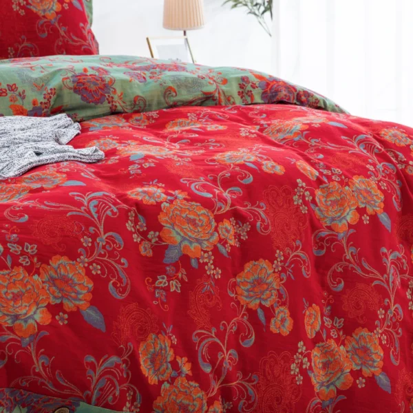 All Season 100% Cotton Double Gauze 4 Piece Bedding Set, A Class Safe Reversible Floral Quilt Cover for King Queen Bed
