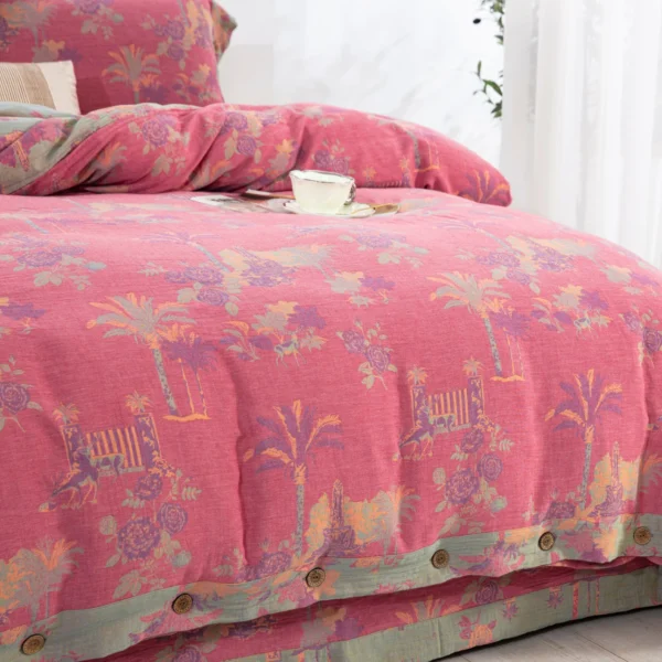 4 100% Cotton Double Layer Muslin Bedding Set, A-Class Baby Safe 4 Pieces Duvet Cover Sheet Pillowcases, Soft Breathable All Season Bed Linen
