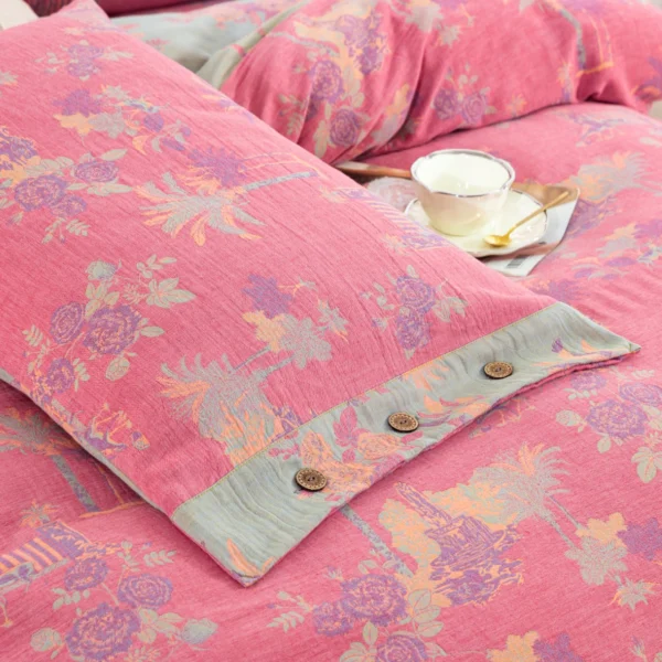 5 100% Cotton Double Layer Muslin Bedding Set, A-Class Baby Safe 4 Pieces Duvet Cover Sheet Pillowcases, Soft Breathable All Season Bed Linen