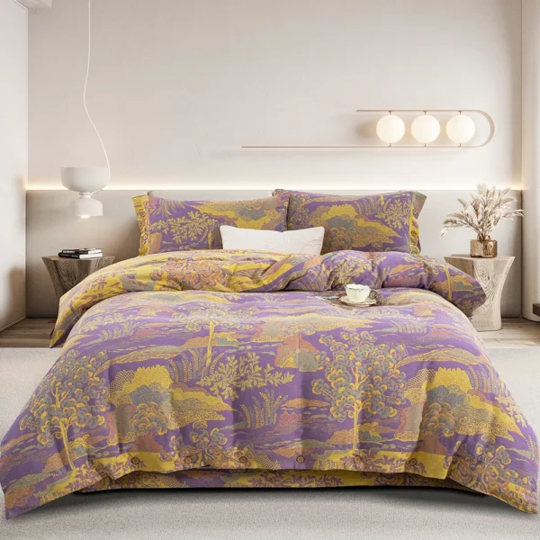 100% Cotton Double Layer Muslin Bedding Set, A-Class Baby Safe 4 Pieces Duvet Cover Sheet Pillowcases, Soft Breathable All Season Bed Linen
