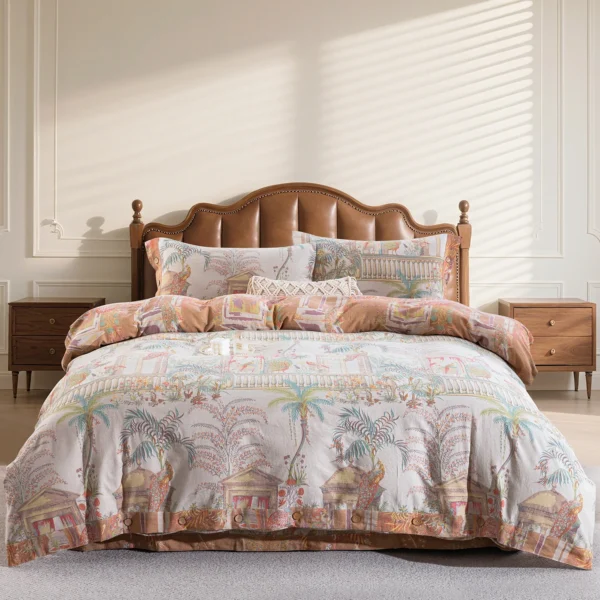 假日庄园 100% Cotton Double Gauze 4-Piece Bedding Set – Reversible Yarn-Dyed Floral Jacquard