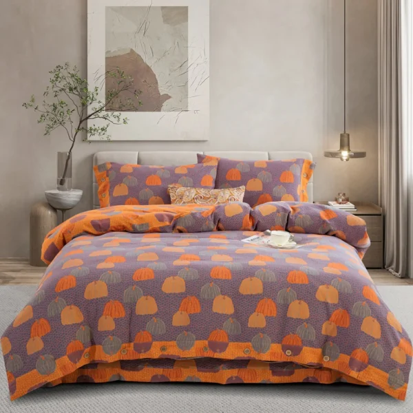 南瓜橙 Vintage Floral Double Gauze Bedding Set, A Class Baby Safe Cotton 4 Piece Bed Sheets Set,All Season