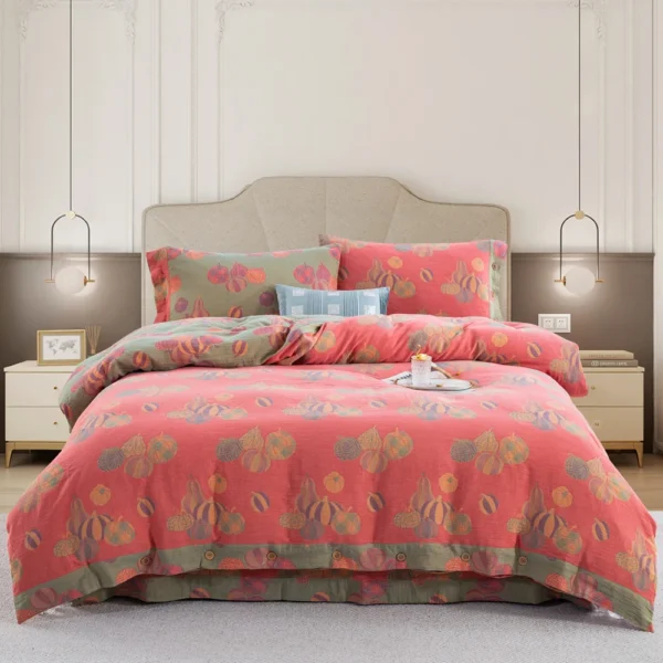 南瓜粉 Vintage Floral Double Gauze Bedding Set, A Class Baby Safe Cotton 4 Piece Bed Sheets Set,All Season