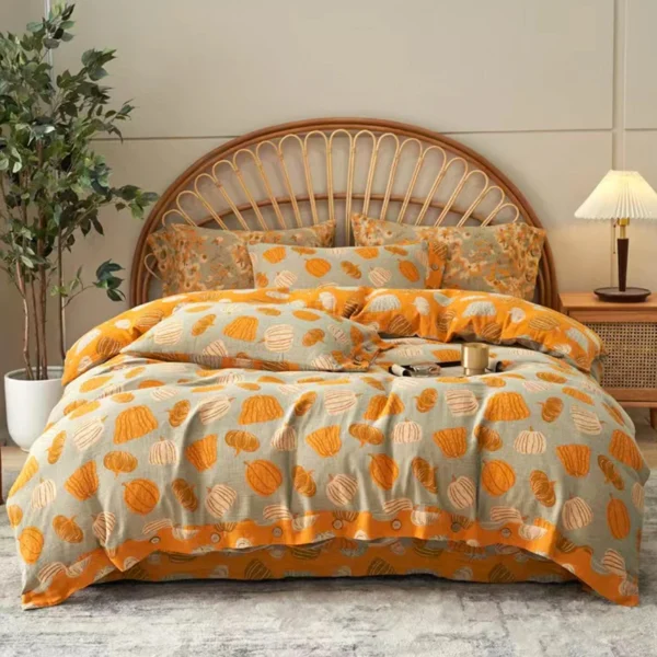南瓜黄 Vintage Floral Double Gauze Bedding Set, A Class Baby Safe Cotton 4 Piece Bed Sheets Set,All Season