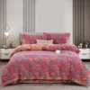 叶语柔情粉 100% Cotton Double Layer Muslin Bedding Set, A-Class Baby Safe 4 Pieces Duvet Cover Sheet Pillowcases, Soft Breathable All Season Bed Linen