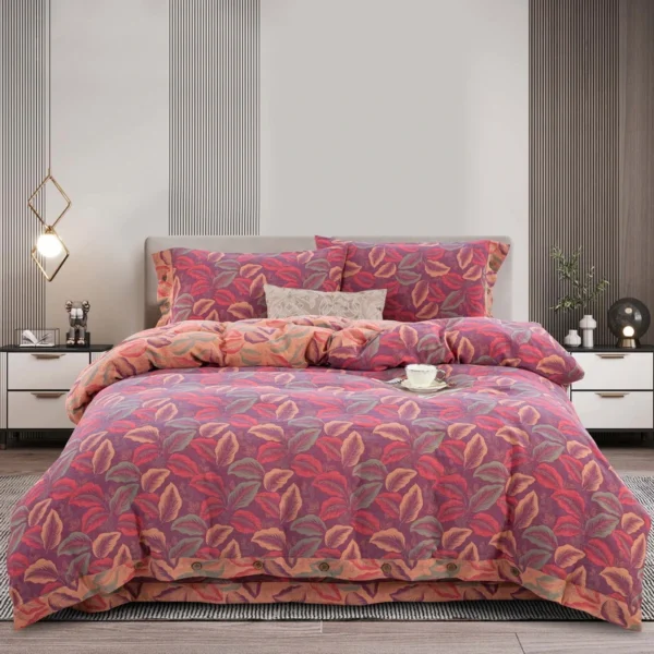 叶语柔情粉 100% Cotton Double Layer Muslin Bedding Set, A-Class Baby Safe 4 Pieces Duvet Cover Sheet Pillowcases, Soft Breathable All Season Bed Linen