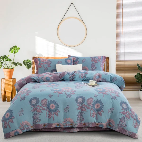 向日葵蓝 100% Cotton Double Layer Muslin Bedding Set, A-Class Baby Safe 4 Pieces Duvet Cover Sheet Pillowcases, Soft Breathable All Season Bed Linen