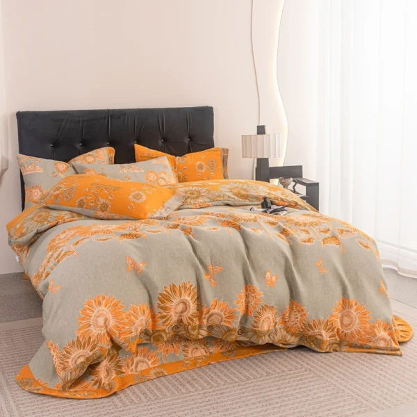 向日葵黄 100% Cotton Double Layer Muslin Bedding Set, A-Class Baby Safe 4 Pieces Duvet Cover Sheet Pillowcases, Soft Breathable All Season Bed Linen