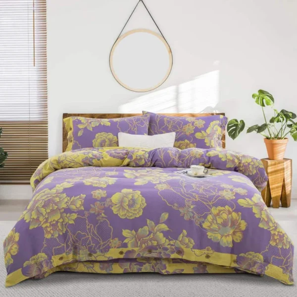 国色天香紫色 Baby Friendly Safe Cotton Double Gauze Four-Piece Bed Set, Dual-Sided Jacquard Yarn Dyed Fabric, A Standard No Fluorescent with Button Closure