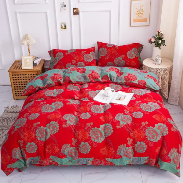 Yarn-Dyed Jacquard All-Cotton Double Gauze 4-Piece Bedding Kit, Dual-Side Usable A-Class Zero Fluorescence Bed Linens with Button Opening