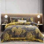 Baby Friendly Safe Cotton Double Gauze Four-Piece Bed Set, Dual-Sided Jacquard Yarn Dyed Fabric, A Standard No Fluorescent with Button Closure
