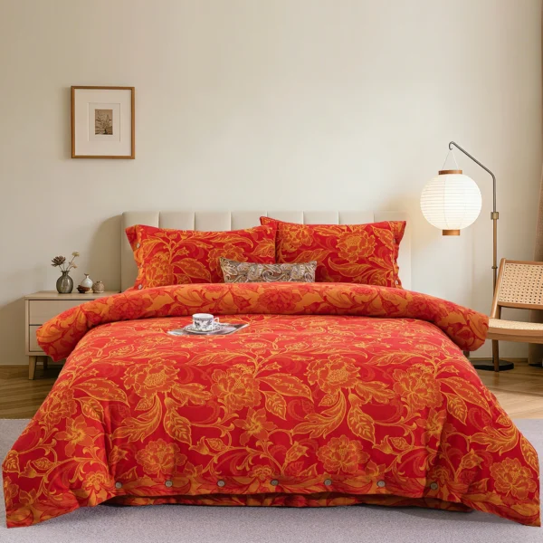国风牡丹 Baby Friendly Safe Cotton Double Gauze Four-Piece Bed Set, Dual-Sided Jacquard Yarn Dyed Fabric, A Standard No Fluorescent with Button Closure