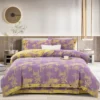 夏威夷紫 100% Cotton Double Layer Muslin Bedding Set, A-Class Baby Safe 4 Pieces Duvet Cover Sheet Pillowcases, Soft Breathable All Season Bed Linen