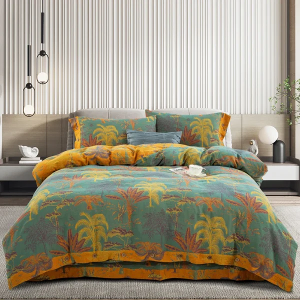 奇幻丛林烟雨绿 Vintage Floral Double Gauze Bedding Set, A Class Baby Safe Cotton 4 Piece Bed Sheets Set,All Season