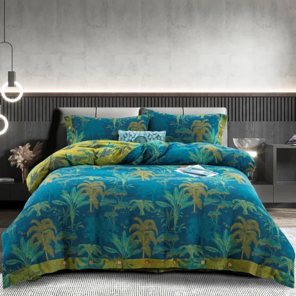 奇幻丛林蓝 Vintage Floral Double Gauze Bedding Set, A Class Baby Safe Cotton 4 Piece Bed Sheets Set,All Season