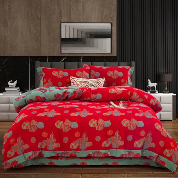 子孙满堂 Double Layer Gauze Cotton 4 Pieces Bedding Set, Easy Care Breathable Muslin Sheets That Gets Softer After Washing