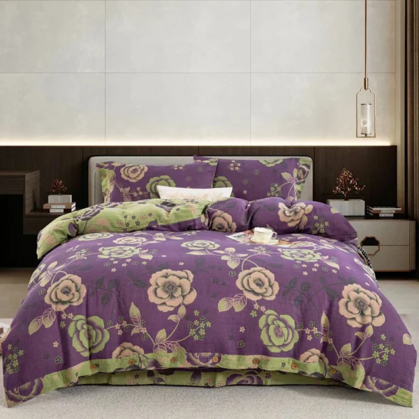 幸福花开1 100% Cotton Double Layer Muslin Bedding Set, A-Class Baby Safe 4 Pieces Duvet Cover Sheet Pillowcases, Soft Breathable All Season Bed Linen