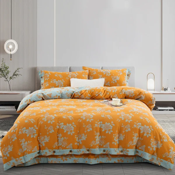春风十里橘 Double Layer Cotton Gauze Bed Sheet Set, Breathable Skin-Friendly 4pcs Bedding For All Seasons