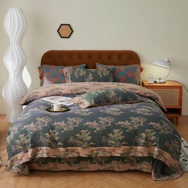 林深见鹿墨绿 Pure Cotton Double Gauze Duvet Cover – Soft as a Gentle Breeze, Featuring Vintage Chinese Botanical Illustrations, Lightweight & Skin-Friendly