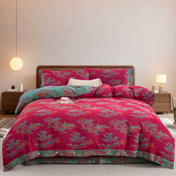 林深见鹿酒红 Pure Cotton Double Gauze Duvet Cover – Soft as a Gentle Breeze, Featuring Vintage Chinese Botanical Illustrations, Lightweight & Skin-Friendly