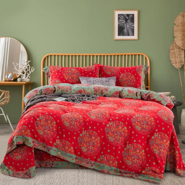 All Season 100% Cotton Double Gauze 4 Piece Bedding Set, A Class Safe Reversible Floral Quilt Cover for King Queen Bed