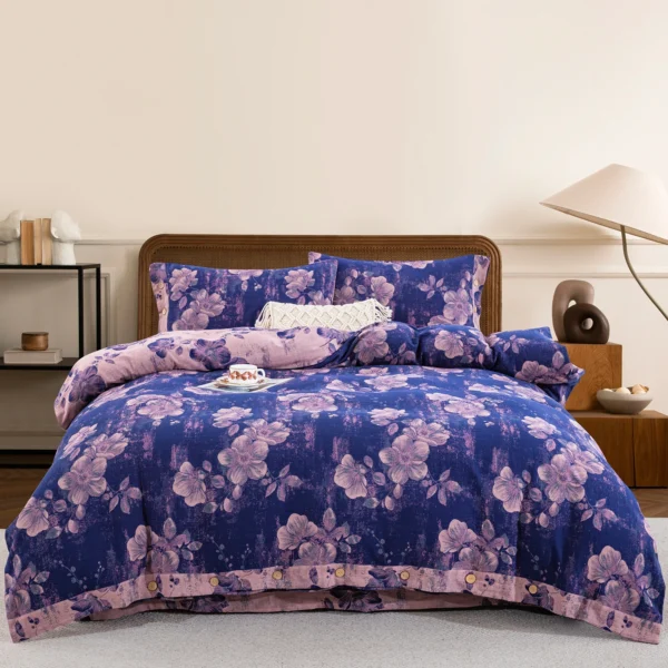All Season 100% Cotton Double Gauze 4 Piece Bedding Set, A Class Safe Reversible Floral Quilt Cover for King Queen Bed