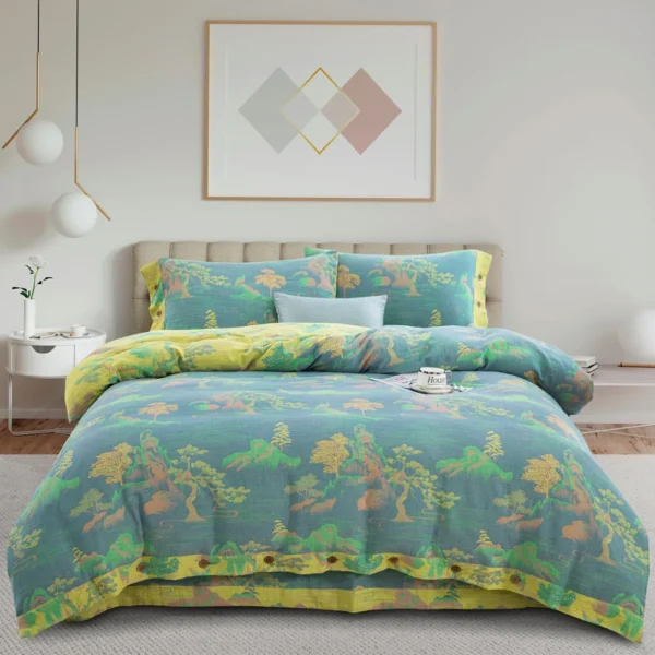 水木清华 Double Layer Cotton Gauze Bed Sheet Set, Breathable Skin-Friendly 4pcs Bedding For All Seasons