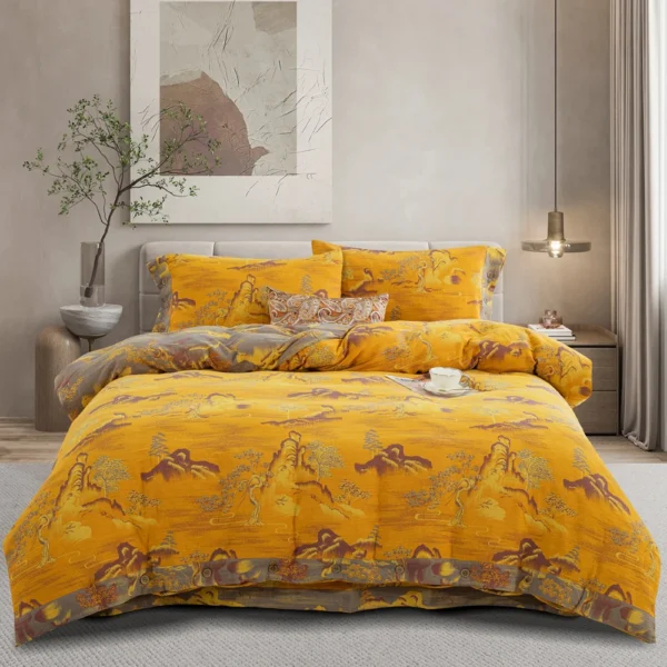 水木清华黄 Double Layer Cotton Gauze Bed Sheet Set, Breathable Skin-Friendly 4pcs Bedding For All Seasons