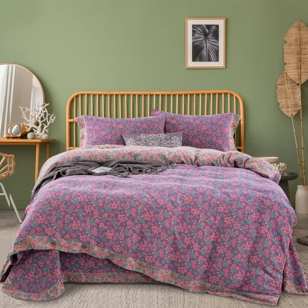清新之歌粉紫色 100% Cotton Double Gauze Bedding Set 4 Pieces, A Class Baby Safe Soft Duvet Cover Set