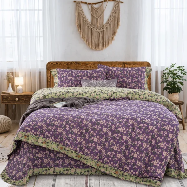 清新之歌紫色 100% Cotton Double Gauze Bedding Set 4 Pieces, A Class Baby Safe Soft Duvet Cover Set