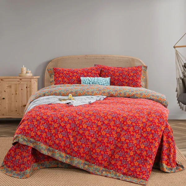 清新之歌红色 100% Cotton Double Gauze Bedding Set 4 Pieces, A Class Baby Safe Soft Duvet Cover Set