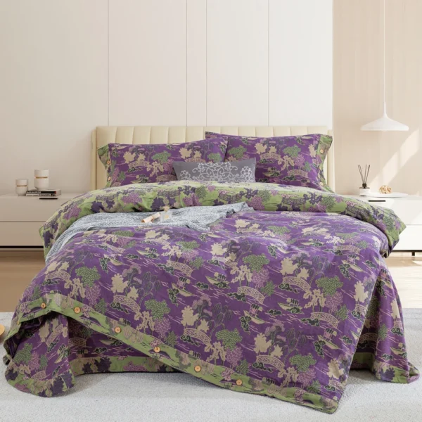 烟雨湖畔紫色 100% Cotton Double Layer Muslin Bedding Set, A-Class Baby Safe 4 Pieces Duvet Cover Sheet Pillowcases, Soft Breathable All Season Bed Linen