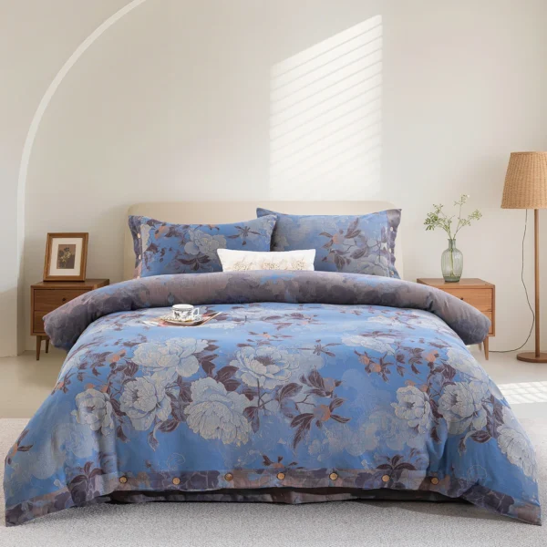 All Season 100% Cotton Double Gauze 4 Piece Bedding Set, A Class Safe Reversible Floral Quilt Cover for King Queen Bed