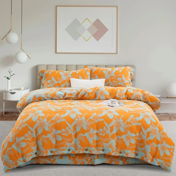 画漫黄 100% Cotton Double Gauze Four‑Piece Bedding Set, A‑Class Safe Yarn‑Dyed Jacquard Reversible Floral Duvet Cover Set