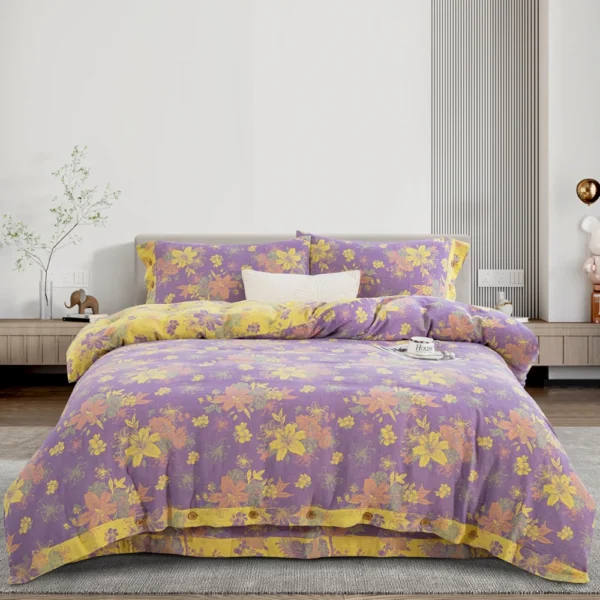 百合颂紫 100% Cotton Double Gauze Four‑Piece Bedding Set, A‑Class Safe Yarn‑Dyed Jacquard Reversible Floral Duvet Cover Set